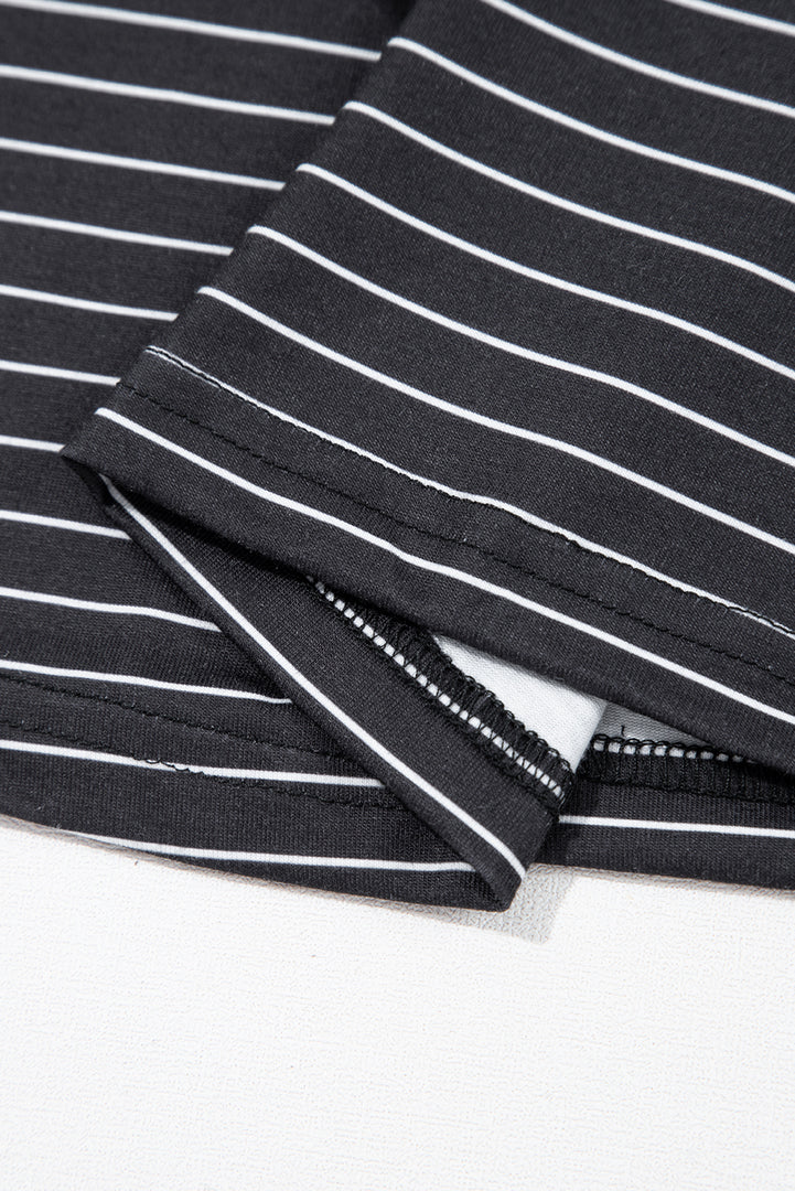 Black Stripe Ruffled Short Sleeve Crew Neck T Shirt Shift Mini Dress