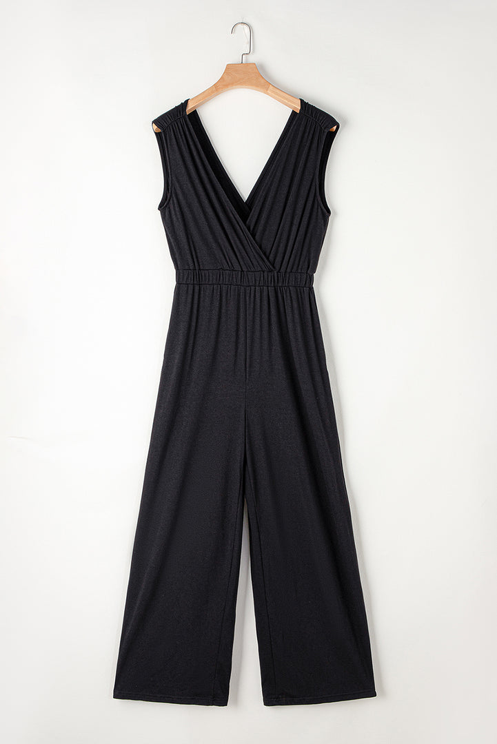 Jungle Green Deep V Pleated Crisscross Wide Leg Backless Jumpsuit