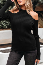Load image into Gallery viewer, Black Ribbed Knit Cold Shoulder Choker Neck Sweater