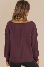 Load image into Gallery viewer, Casual Waffle Knit Notched V Neck Drop Shoulder Solid Sweatshirt