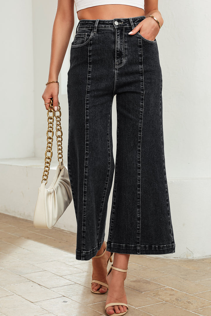 Dark Blue Plain Seam Detail Flared Bottom Ankle Length Jeans - Fashion Queen -  25