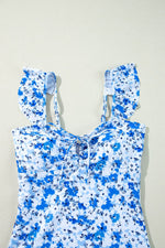 Load image into Gallery viewer, Blue Floral Ruffled Strap Lace-up Hollow Out One Piece Swimsuit - Fashion Queen