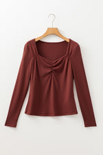 Load image into Gallery viewer, Burgundy Gathered Bust Square Neck Ribbed Fit Long Sleeve Top
