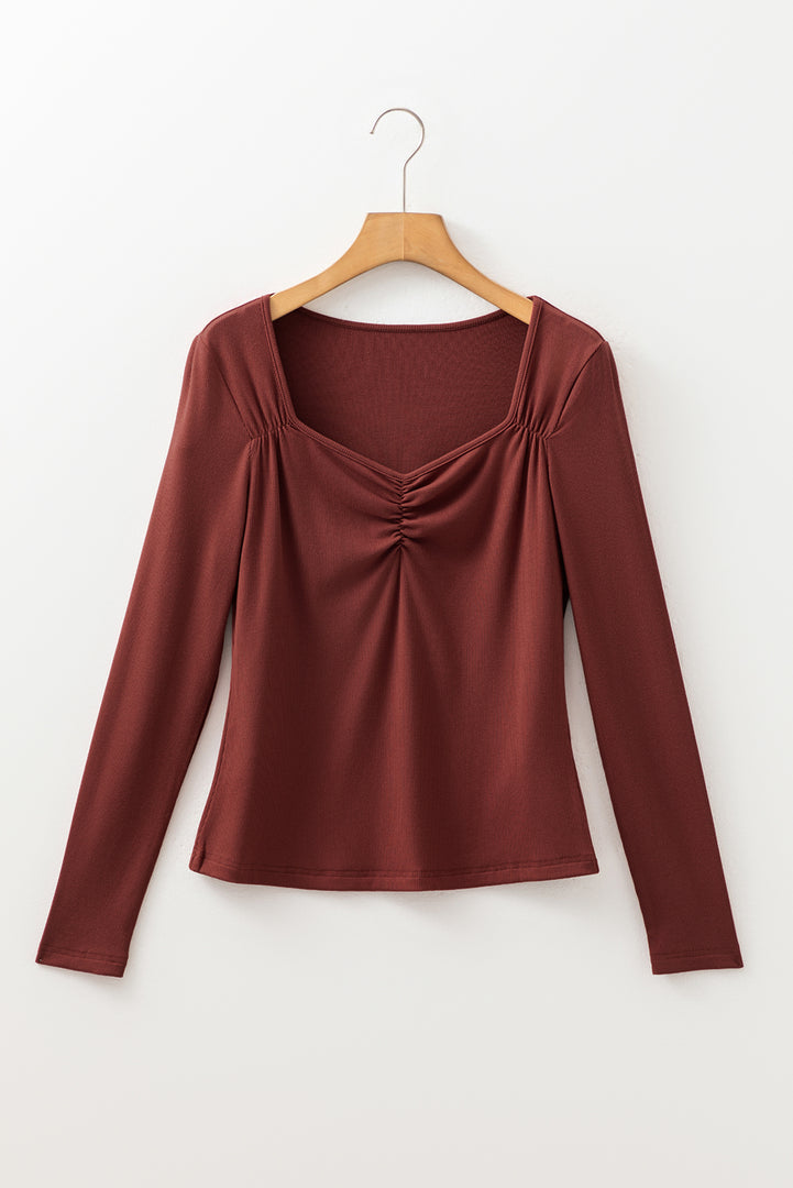 Burgundy Gathered Bust Square Neck Ribbed Fit Long Sleeve Top