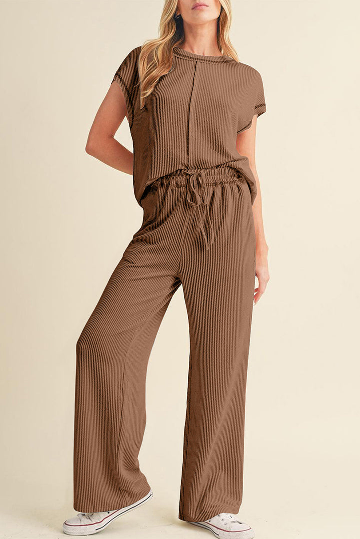 Blackish Green Solid Color Corded Short Sleeve Top and Casual Pants Set
