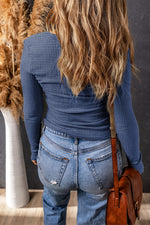 Load image into Gallery viewer, Sky Blue Textured Twist Front V Neck Long Sleeve Slim Solid Color Top - Fashion Queen - 2