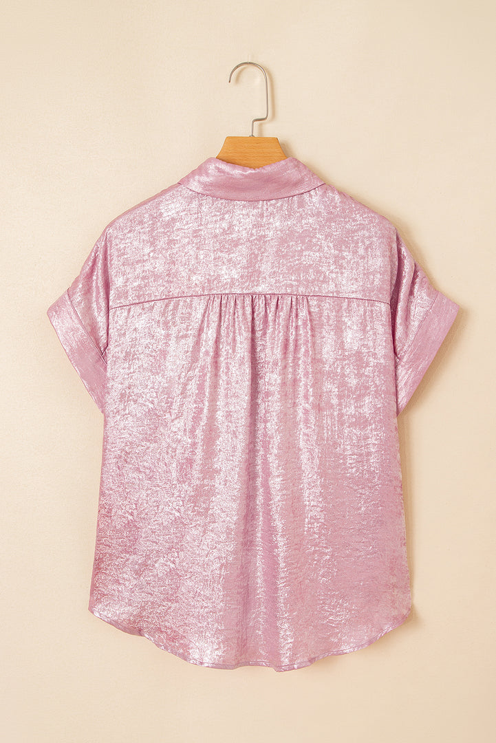 Pink Metallic Sheen Short Sleeve Buttoned Front Casual Shirt
