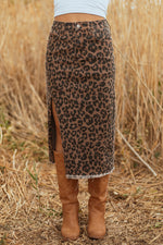 Load image into Gallery viewer, Brown Leopard Denim Frayed Split Denim Midi Skirt