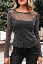 Load image into Gallery viewer, Black Metallic Glitter Mesh Long Sleeve Top