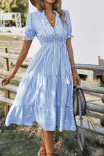 Load image into Gallery viewer, Sky Blue Stripe Button Tassel Tie Detail Frilled Short Sleeve Flared Midi Dress - Fashion Queen - 1