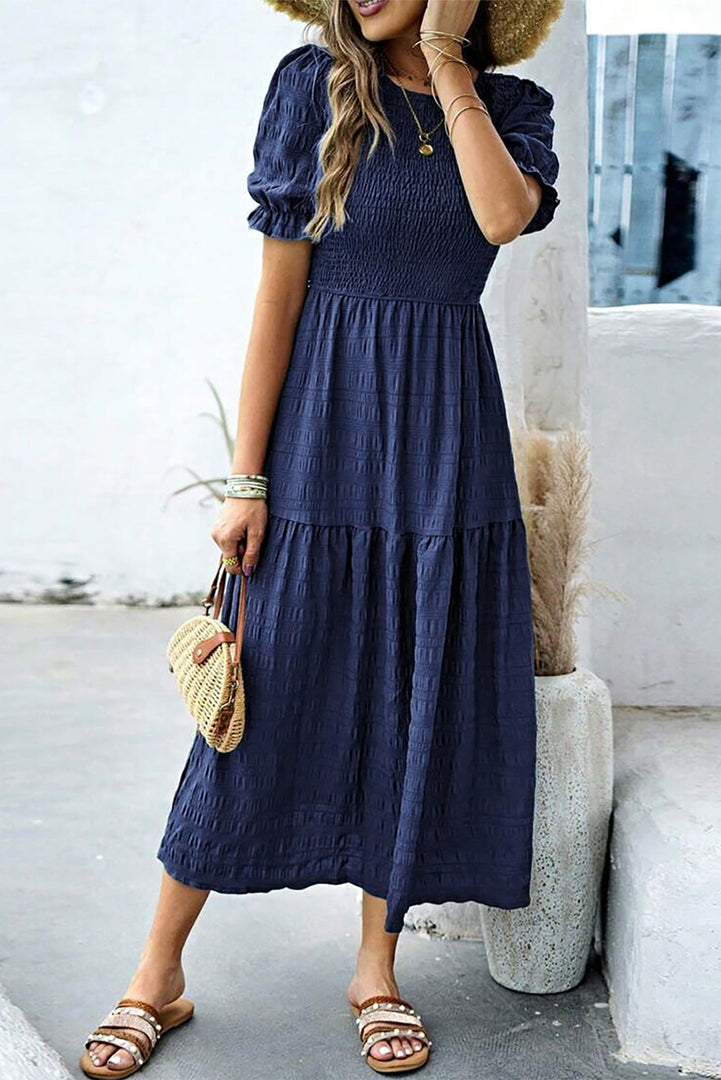 Sail Blue Solid Textured Smocked Puff Short Sleeve High Waist Long Dress - Fashion Queen -  5