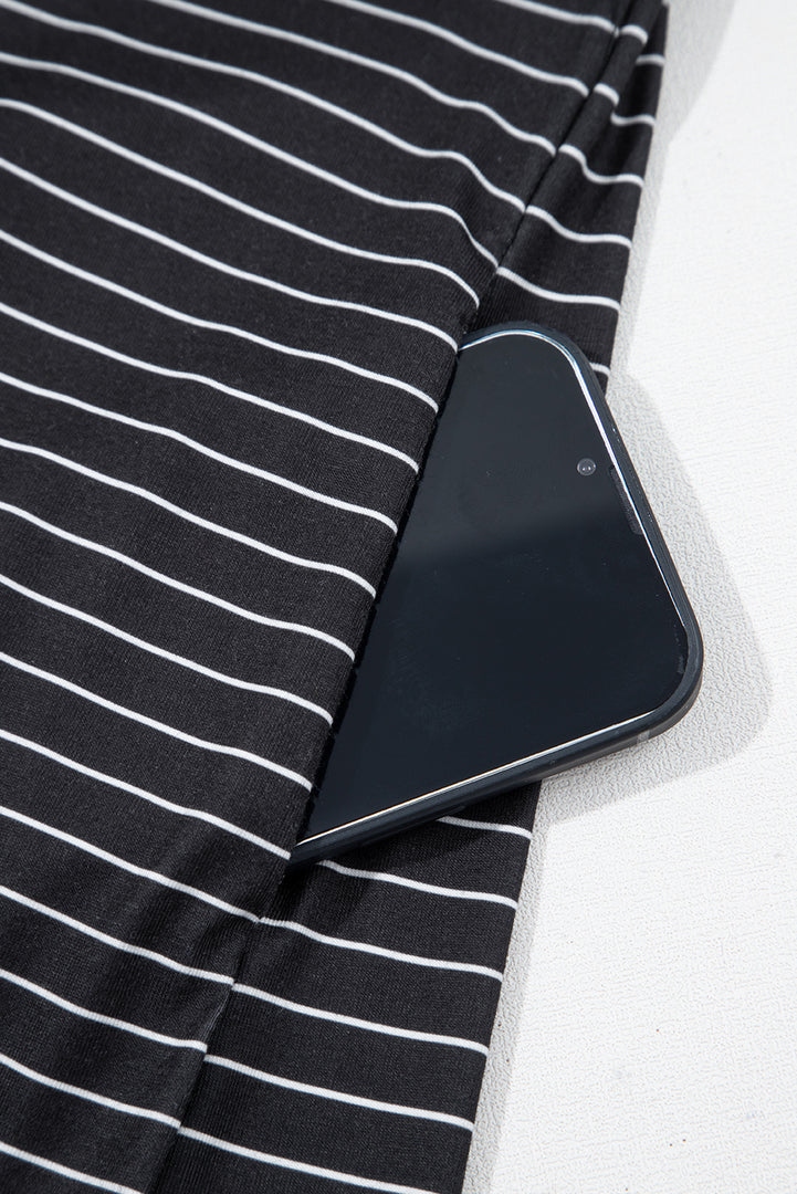 Black Stripe Ruffled Short Sleeve Crew Neck T Shirt Shift Mini Dress