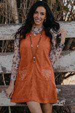 Load image into Gallery viewer, Gold Flame Corduroy Western Embroidered Patched Pocket Shift Sleeveless Mini Dress - Fashion Queen - 3