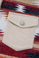 Load image into Gallery viewer, Multicolour Western Aztec Striped Patchwork Double Flap Pocket Raw Hem Shacket