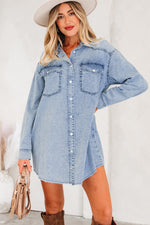 Load image into Gallery viewer, Beau Blue Chest Pocket Raw Hem Denim Loose Shirt Dress