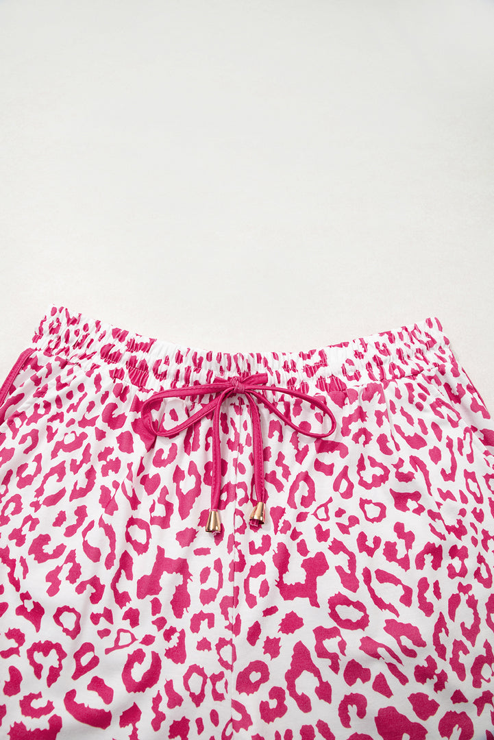 Pink Leopard Elastic Waist Lace up Contrast Trim Casual Shorts