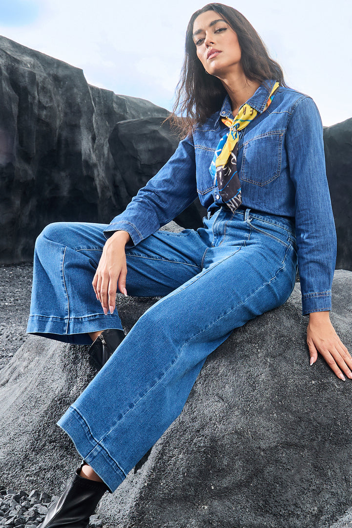 Dark Blue Plain Seam Detail Flared Bottom Ankle Length Jeans - Fashion Queen -  11