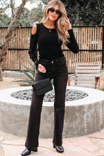 Load image into Gallery viewer, Black Ribbed Knit Cold Shoulder Sweater
