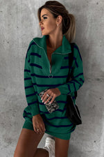 Load image into Gallery viewer, Blue Striped O-ring Zip Collared Loose Sweater Mini Dress - Fashion Queen - 26