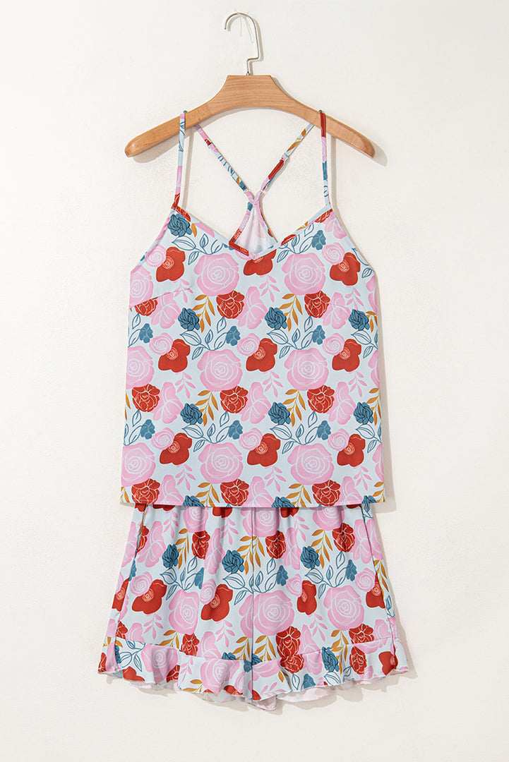 Multicolour Floral V Neck Cami Top and Ruffled Shorts Lounge Set
