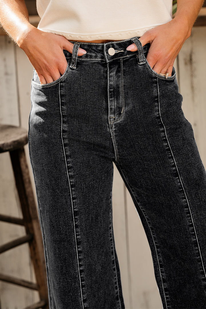Dark Blue Plain Seam Detail Flared Bottom Ankle Length Jeans