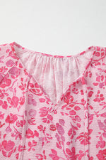 Load image into Gallery viewer, Pink Floral Puff Sleeve Split Neck Lightweight Blouse