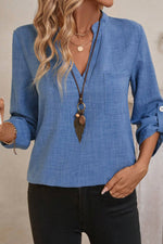 Load image into Gallery viewer, Ashleigh Blue Solid Color Notched V Neck Roll up 3/4 Sleeve Blouse