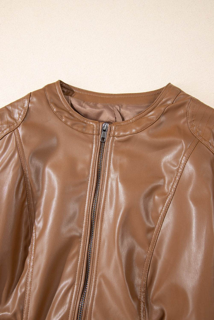 Black Solid Faux Leather Zipper Slim Fit Bomber Jacket - Fashion Queen