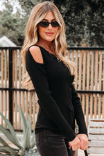 Load image into Gallery viewer, Black Ribbed Knit Cold Shoulder Sweater