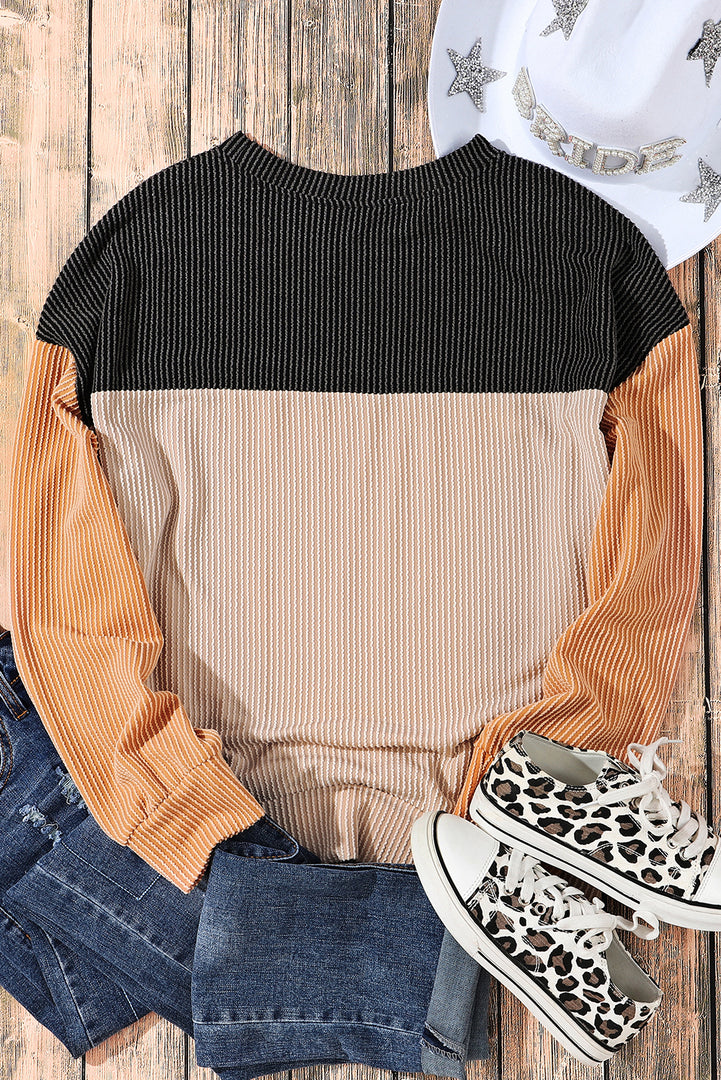 Multicolor Color Block Long Sleeve Ribbed Loose Top