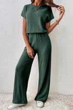 Load image into Gallery viewer, Mist Green Ribbed Keyhole Short Sleeve Wide Leg Jumpsuit - Fashion Queen - 1