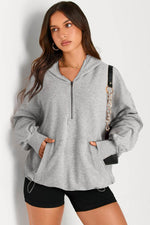 Load image into Gallery viewer, Light Grey Solid Kangaroo Pocket Half Zipper Oversized Hoodie - Fashion Queen