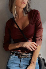 Load image into Gallery viewer, Burgundy Gathered Bust Square Neck Ribbed Fit Long Sleeve Top - Fashion Queen -  1