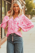 Load image into Gallery viewer, Pink Floral Puff Sleeve Split Neck Lightweight Blouse