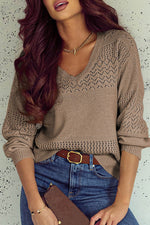 Load image into Gallery viewer, Black Eyelet Pattern Detail V Neck Drop Shoulder Sweater - Fashion Queen