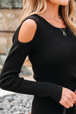 Load image into Gallery viewer, Black Ribbed Knit Cold Shoulder Sweater