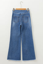 Load image into Gallery viewer, Sail Blue High Waist Button Fly Seamed Raw Hem Flare Jeans