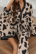 Load image into Gallery viewer, Khaki Cheetah Contrast Trim Loose Fit Two Piece Sleepwear - Fashion Queen - 1
