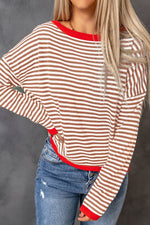 Load image into Gallery viewer, Fiery Red Contrast Trimmed Striped Drop Shoulder Sweater - Fashion Queen