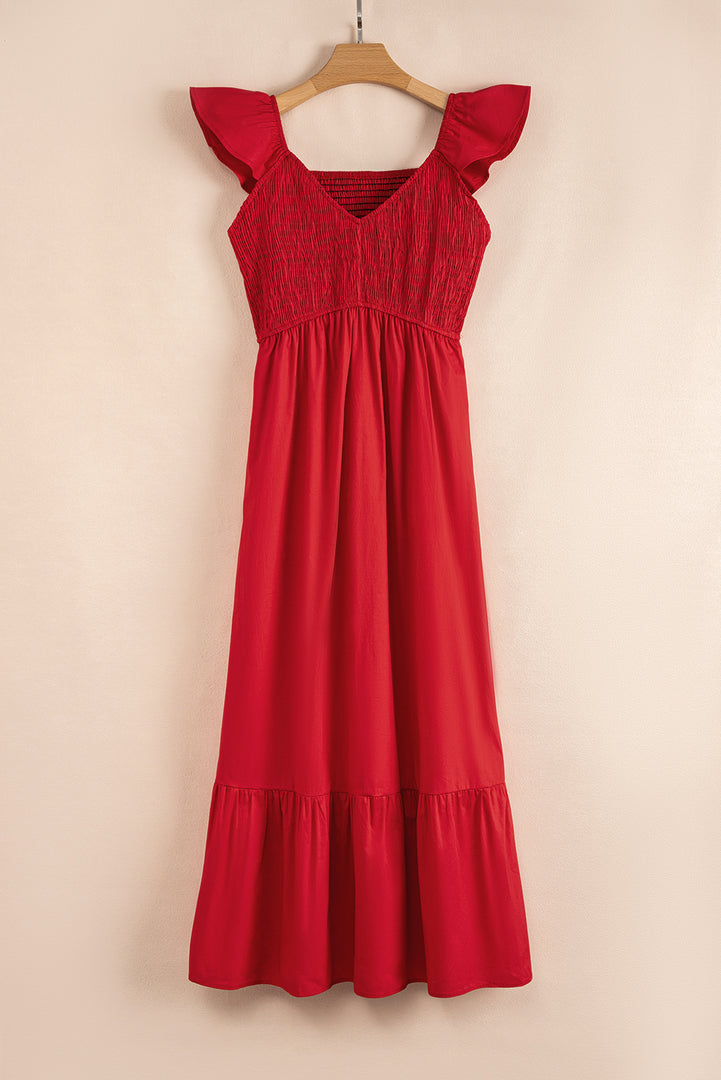 Pink V Neck Flutter Sleeve Smocked Bodice High Waist Ruffle Maxi Dress