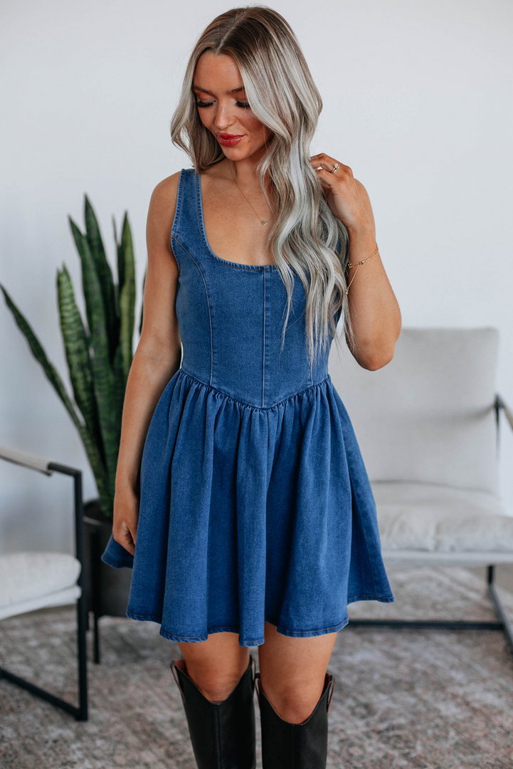 Sail Blue Square Neck Bowknot A-line Sleeveless Denim Dress - Fashion Queen -  5