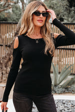Load image into Gallery viewer, Black Ribbed Knit Cold Shoulder Sweater