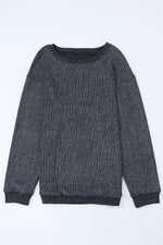 Load image into Gallery viewer, Black Solid Ribbed Knit Round Neck Pullover Sweatshirt - Fashion Queen