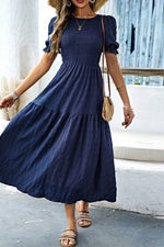 Load image into Gallery viewer, Sail Blue Solid Textured Smocked Puff Short Sleeve High Waist Long Dress - Fashion Queen -  1