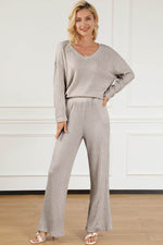 Load image into Gallery viewer, Black Ribbed Knit V Neck Slouchy Two-piece Outfit - Fashion Queen
