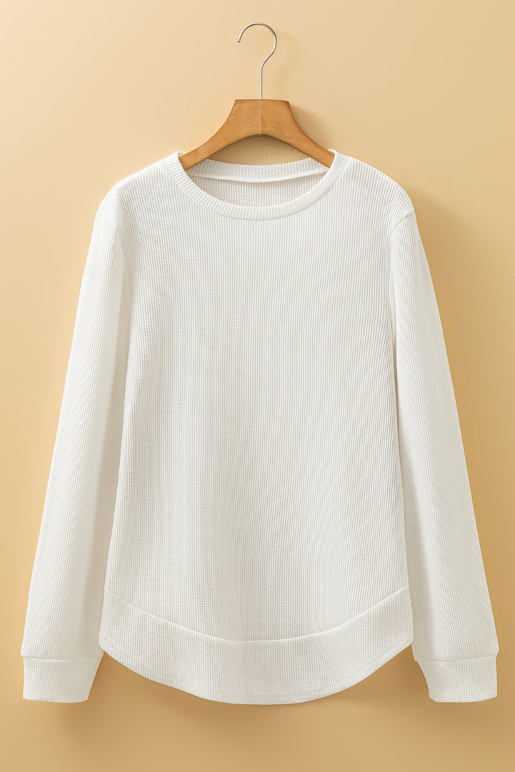 White Rounded Hem Waffle Long Sleeve Top
