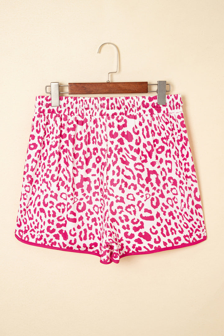 Pink Leopard Elastic Waist Lace up Contrast Trim Casual Shorts