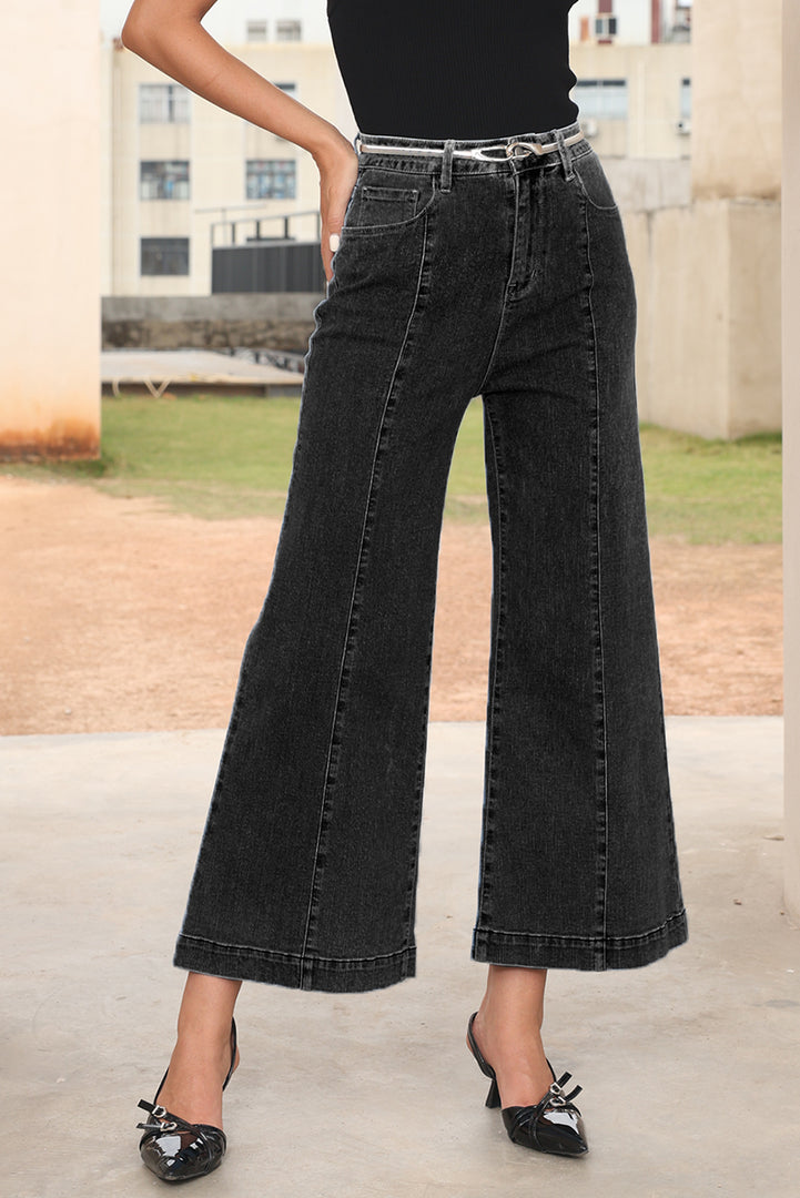 Dark Blue Plain Seam Detail Flared Bottom Ankle Length Jeans - Fashion Queen -  30