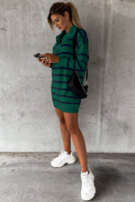 Load image into Gallery viewer, Blue Striped O-ring Zip Collared Loose Sweater Mini Dress - Fashion Queen - 30
