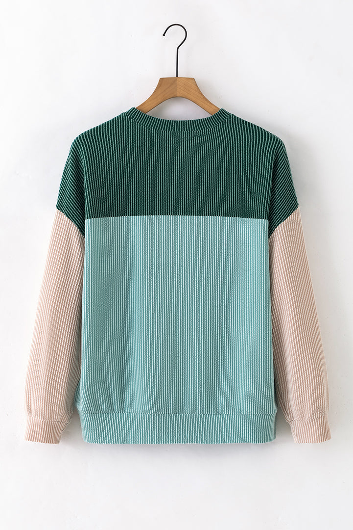 Multicolor Color Block Long Sleeve Ribbed Loose Top - Fashion Queen -  12